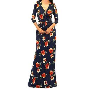 Navy Rust Floral Faux Wrap Evening Casual Maxi Dress